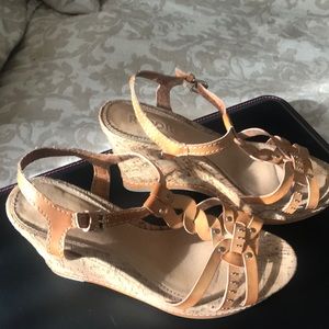 Report tan “leather” cork wedge sandals